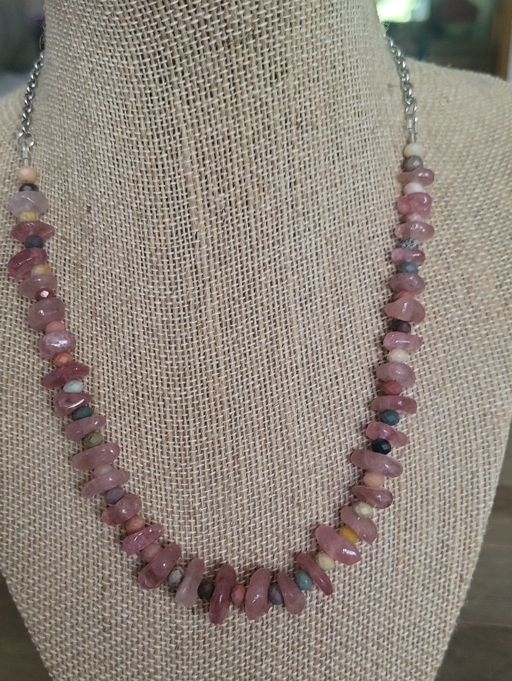 Handcrafted Pink Strawberry Quartz W/ Multi-Gemstone Beaded Necklace